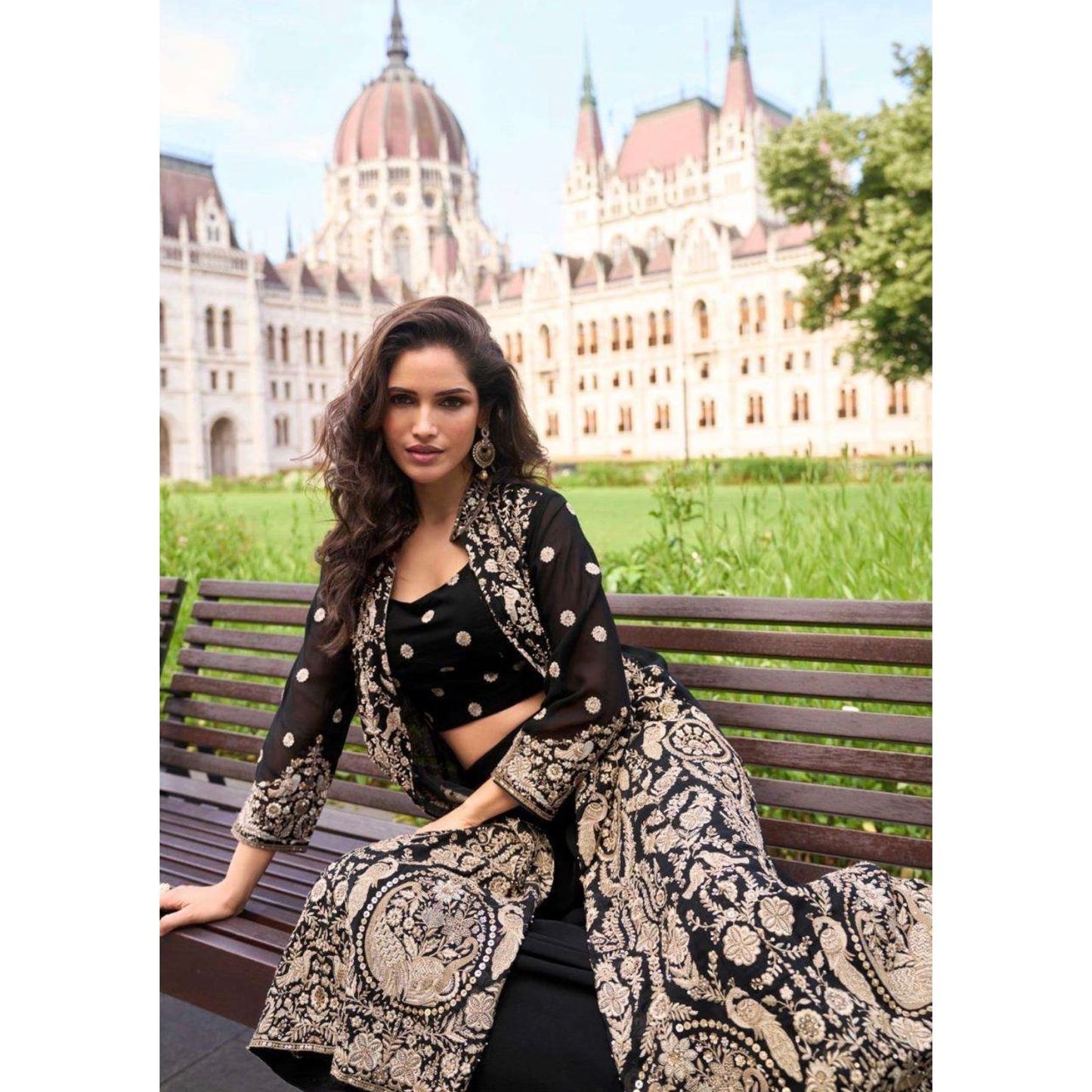 Black & Gold Georgette Embroidered Indo Western Set