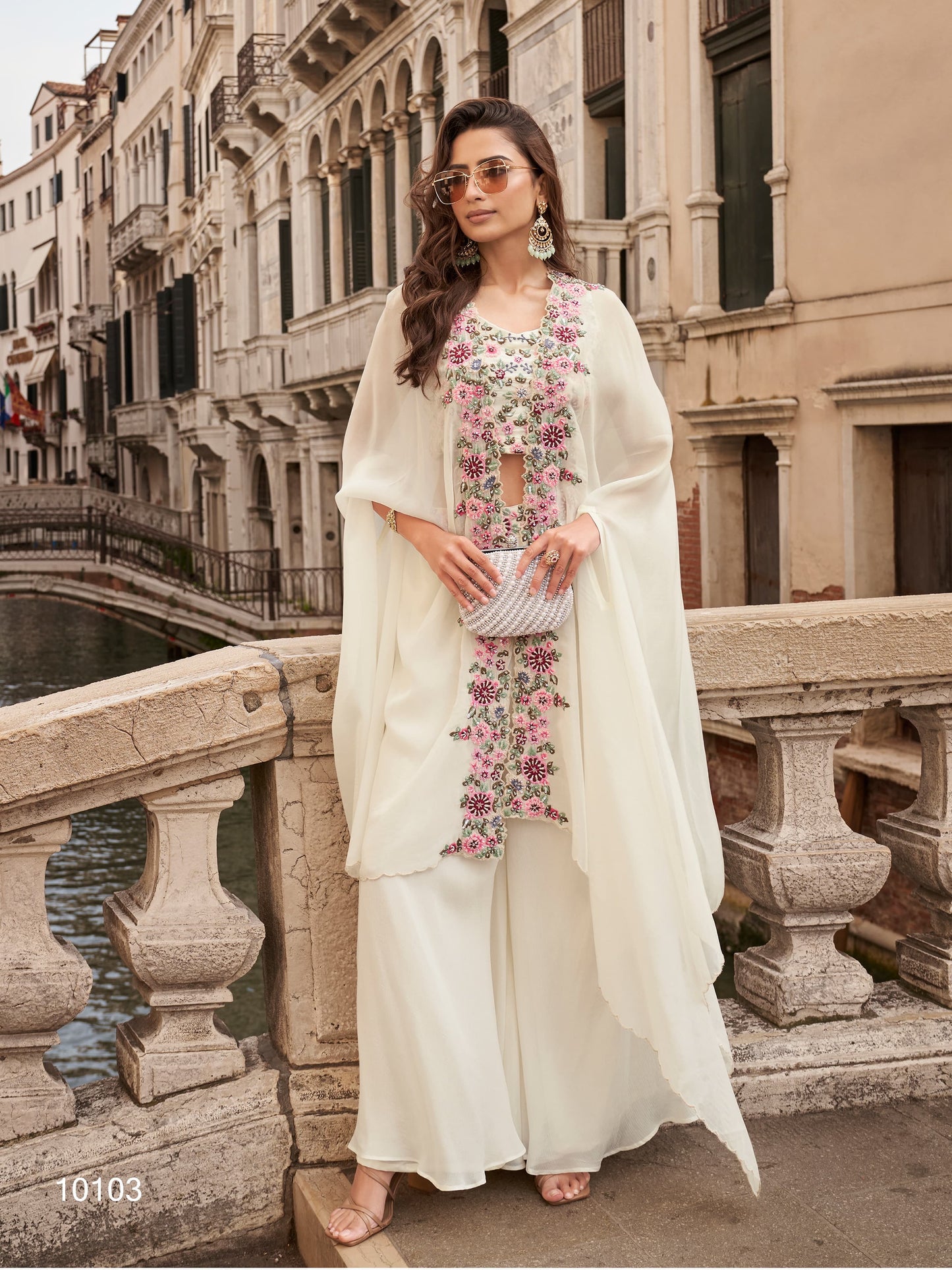 Premium Indo-Western Chinon Silk Palazzo Set with Embroidered Blouse & Shrug Dupatta