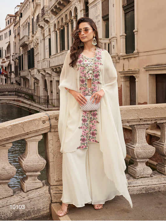 Premium Indo-Western Chinon Silk Palazzo Set with Embroidered Blouse & Shrug Dupatta