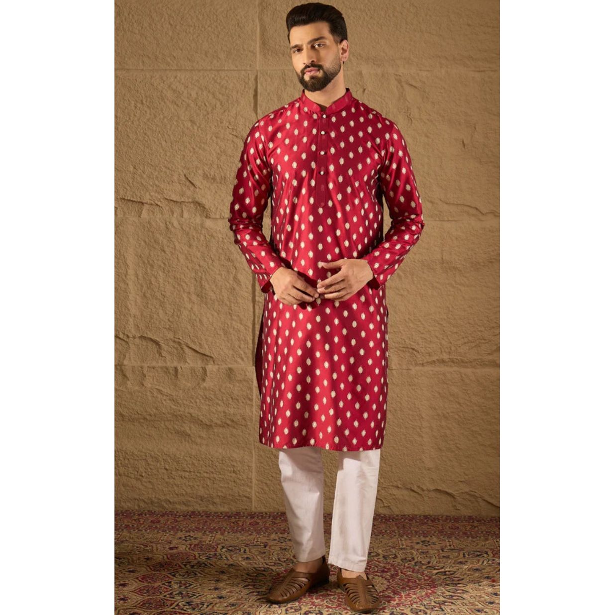 Maroon Silk Ikat Printed Straight Kurta