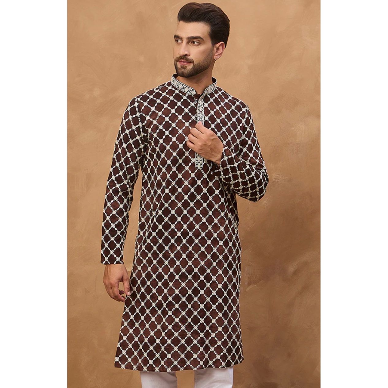 Brown Viscose Rayon Solid Embroidered Straight Kurta