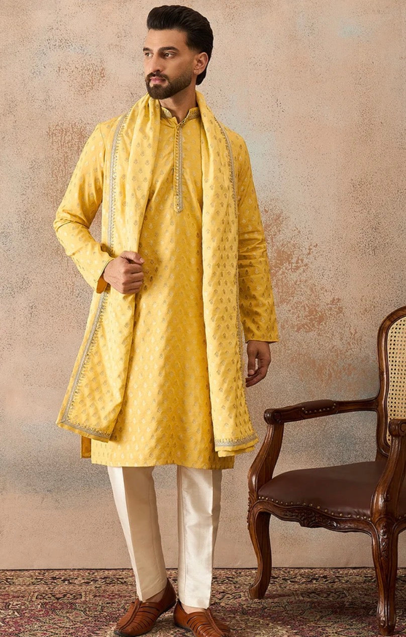 Yellow Jacquard Woven Design Floral Straight Kurta Set