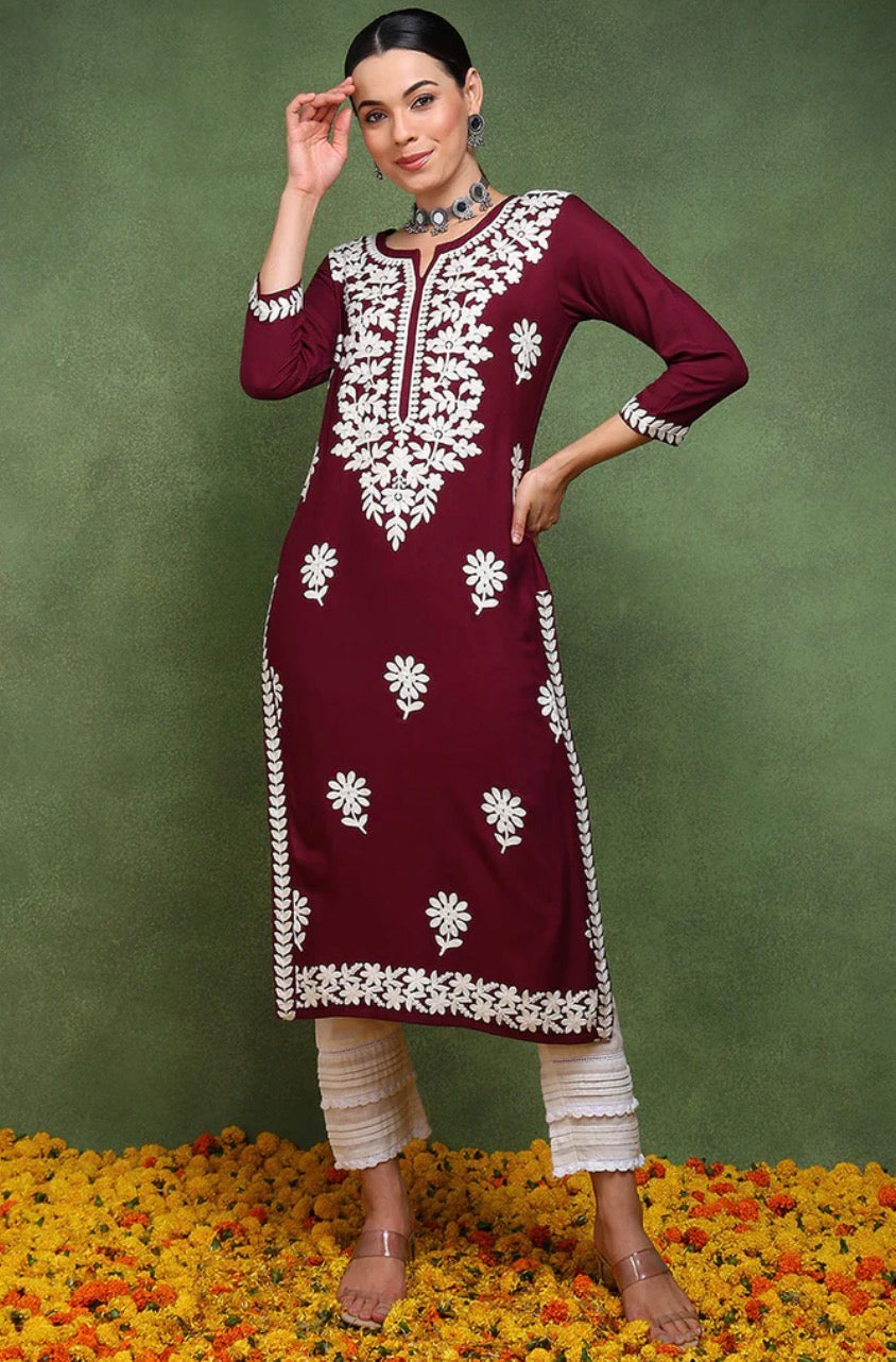 Chikankari Kurta : Burgundy