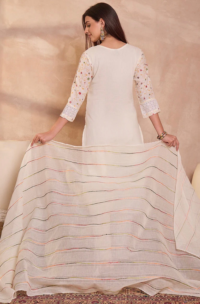Off White Pure Cotton Ethnic Motifs Printed Straight Kurta Trousers With Dupatta