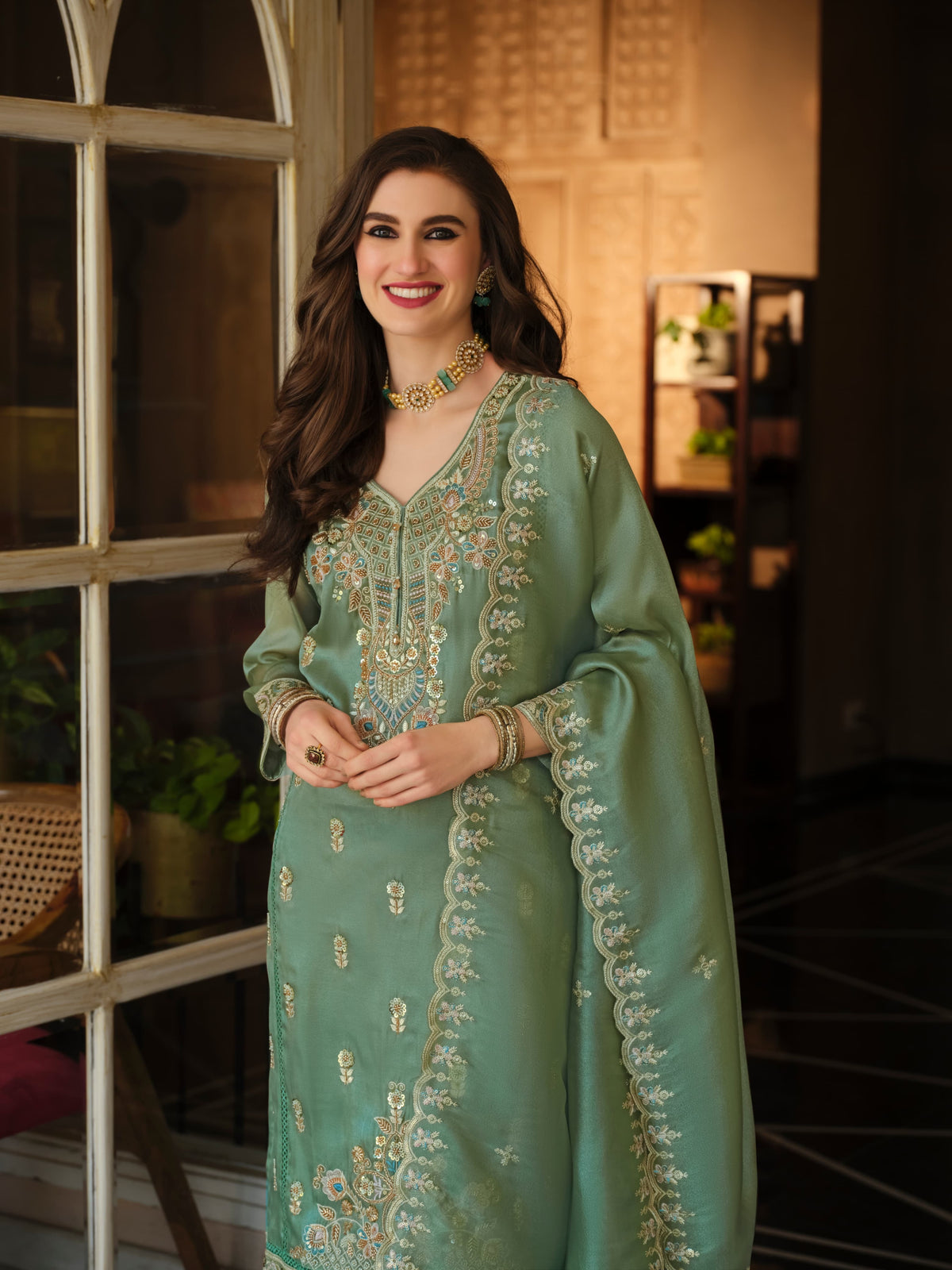 Sage Green Embroidered Shimmer Kurta Set with Dupatta