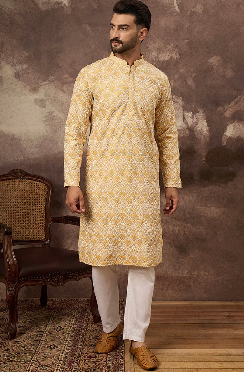 Yellow Viscose Rayon Solid Embroidered Straight Kurta