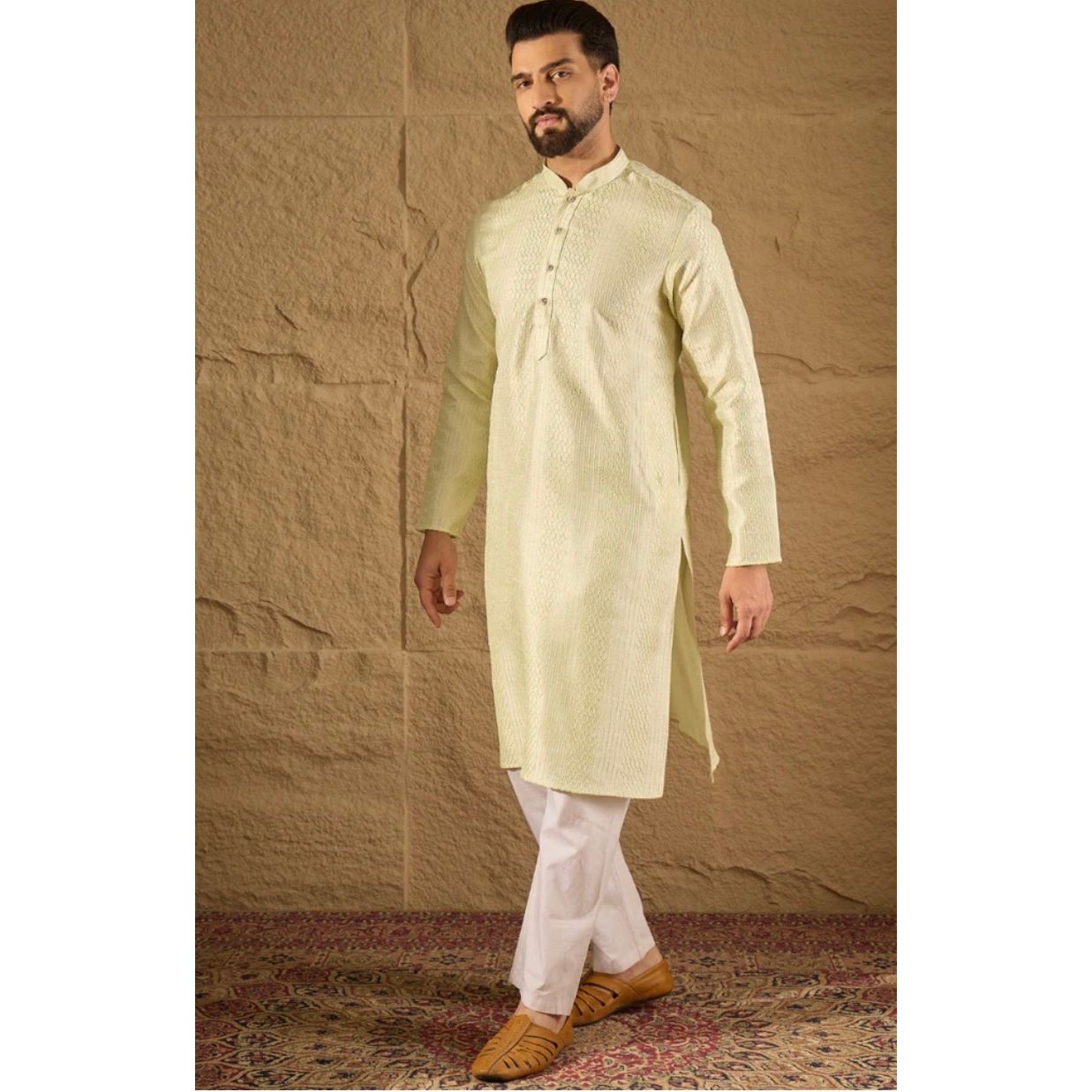 Green Silk Embroidered Straight Kurta