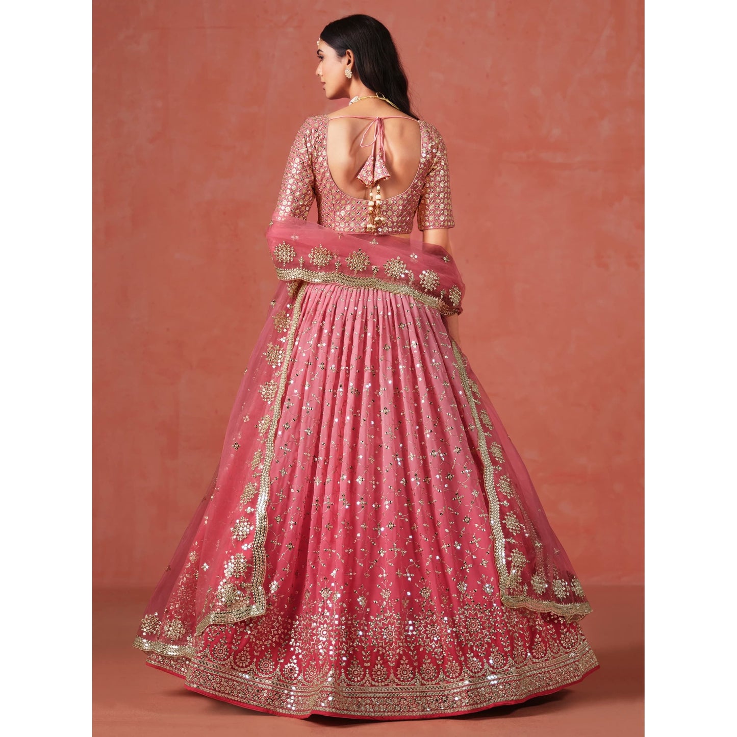 Georgette Lehenga Choli Set with Sequins & Zari Embroidery : Pink (pre order)