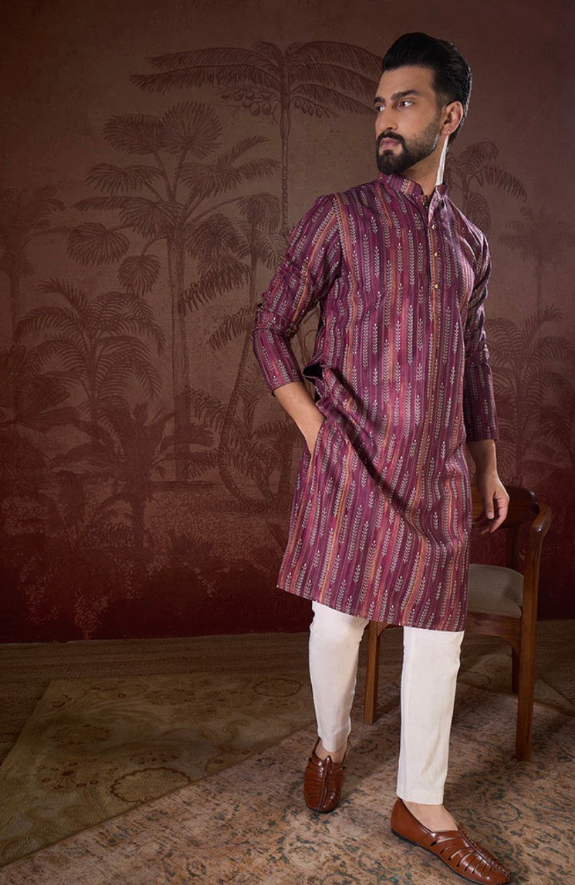Purple Silk Blend Striped Printed Straight Kurta With Trouser