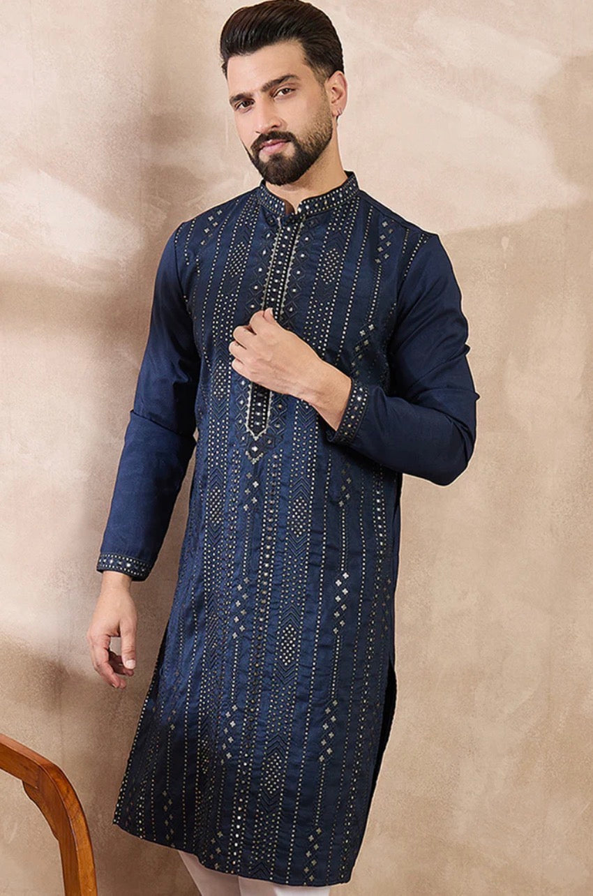 Blue Silk Blend Embroidered Straight Kurta With Trouser