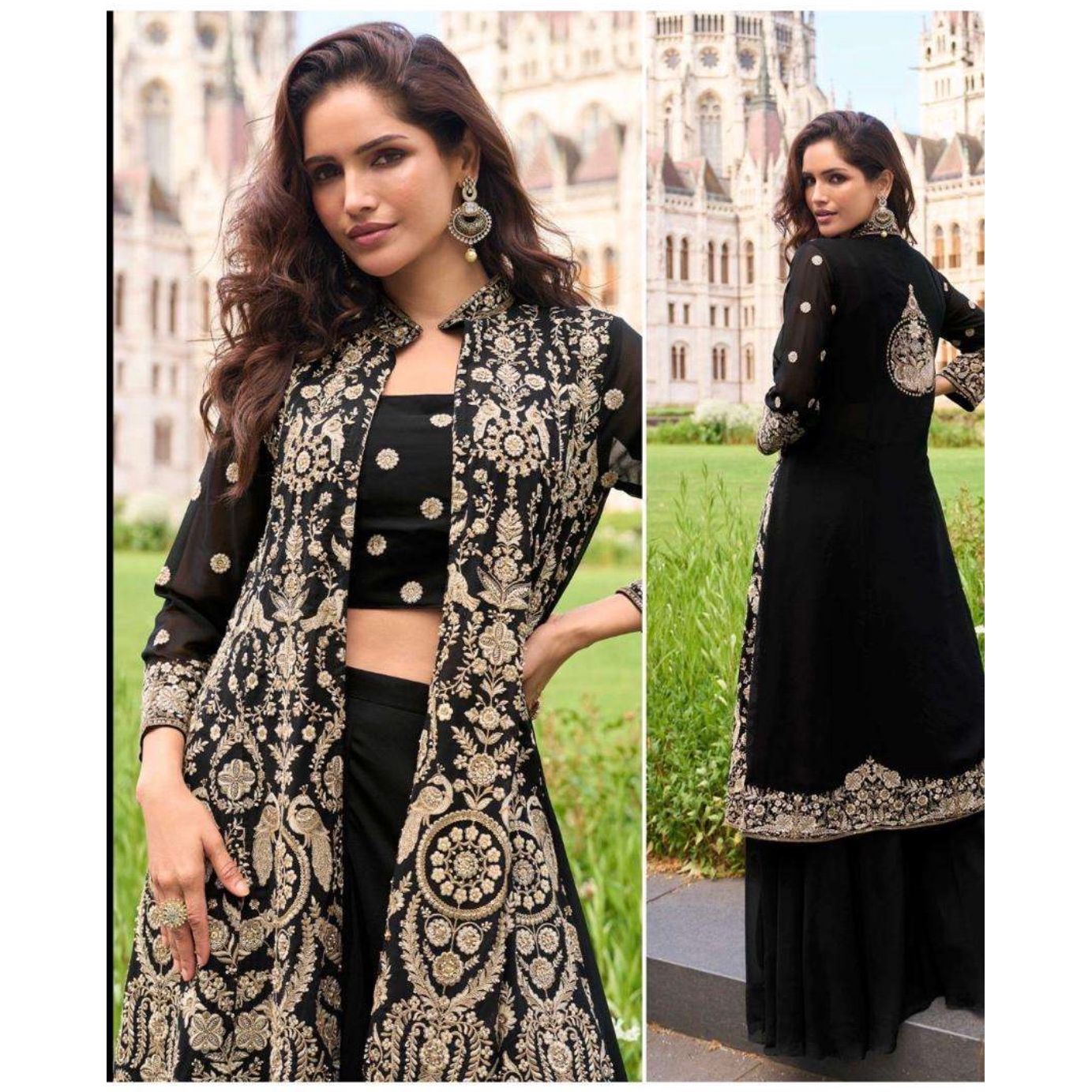 Black & Gold Georgette Embroidered Indo Western Set