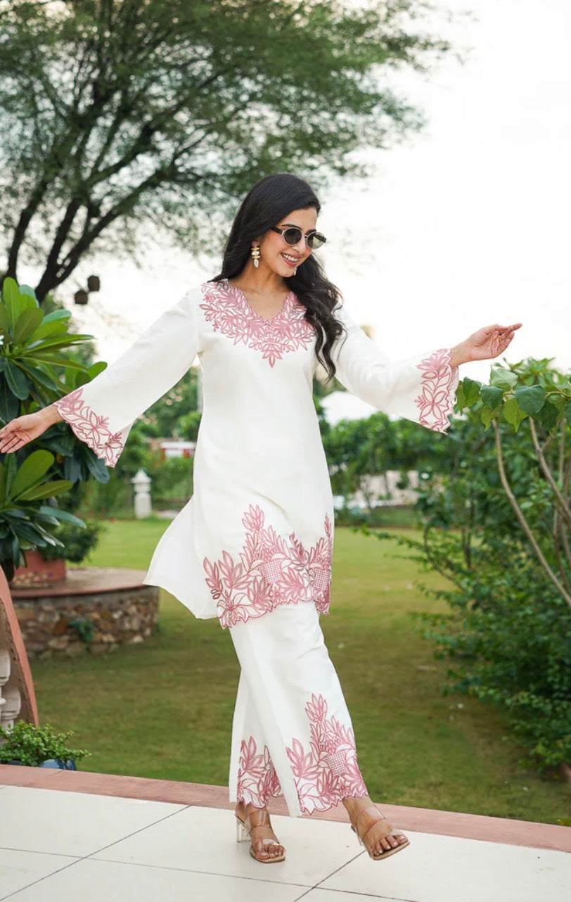 White Silk Blend Embroidered Straight Coord Sets