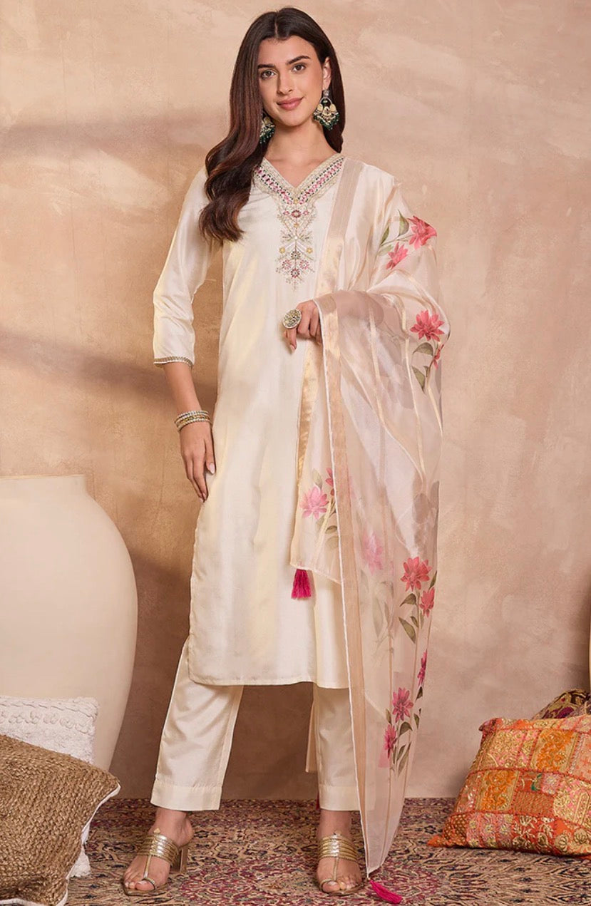 Off White Embroidered Silk Blend Kurta Set with Trousers & Dupatta