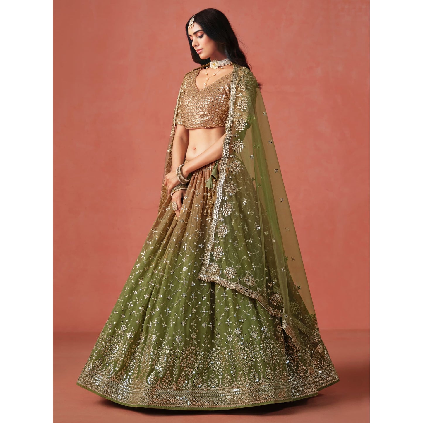 Georgette Lehenga Choli Set with Sequins & Zari Embroidery : Green (Pre Order)