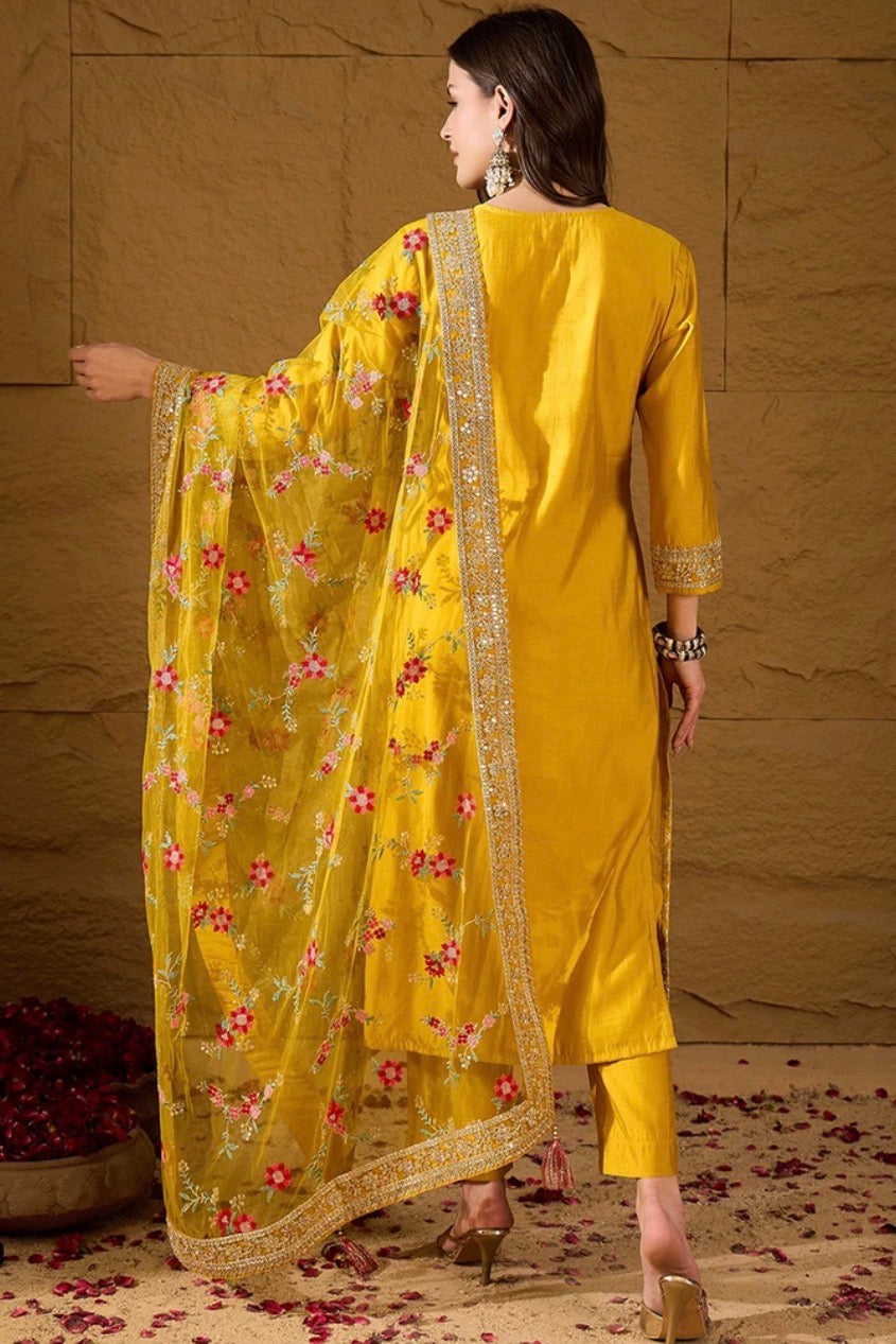 Yellow Silk Blend Kurta Set