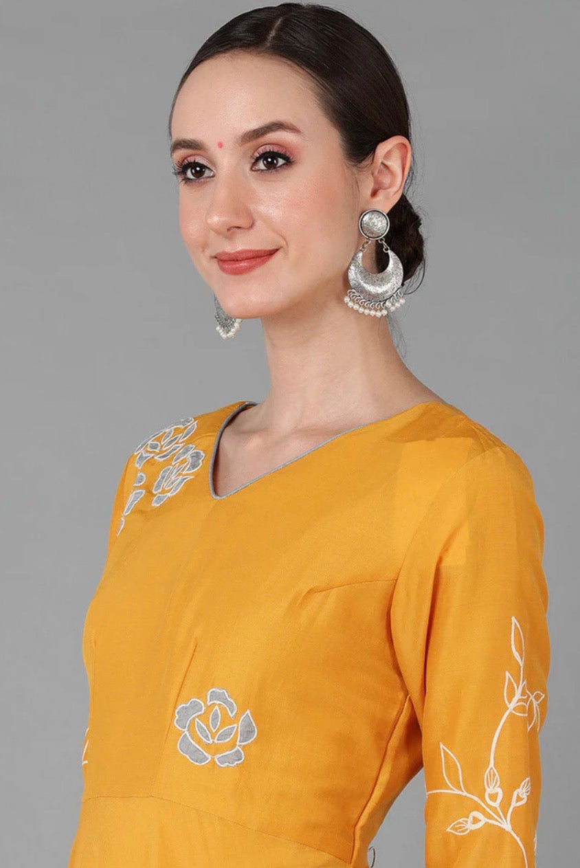 Mustard Silk Blend Flared Kurta With Dupatta