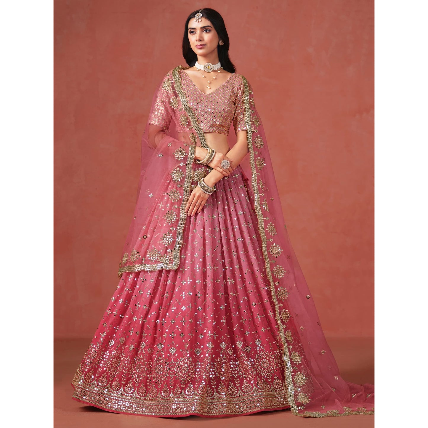 Georgette Lehenga Choli Set with Sequins & Zari Embroidery : Pink (pre order)
