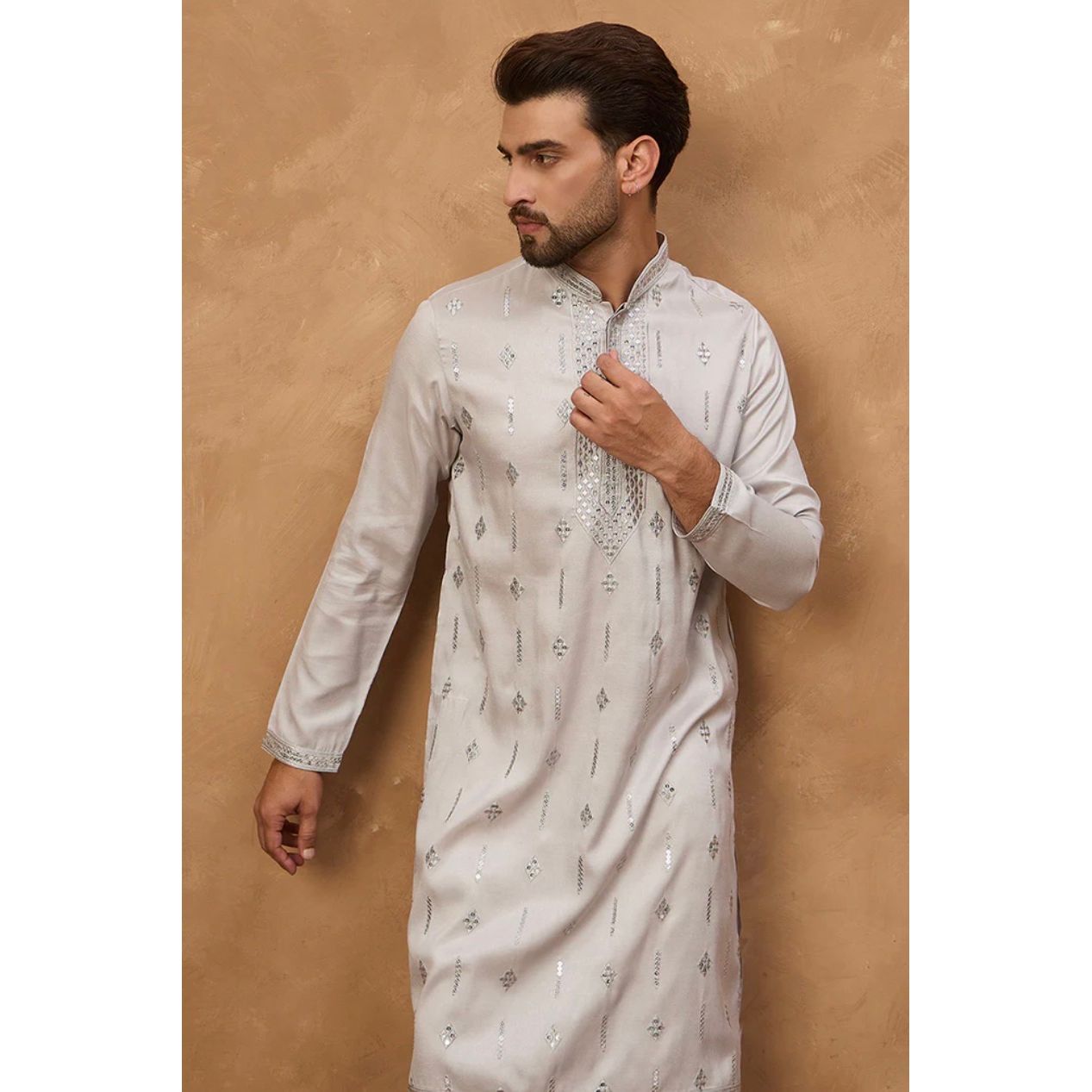 Grey Silk Blend Solid Embroidered Straight Kurta