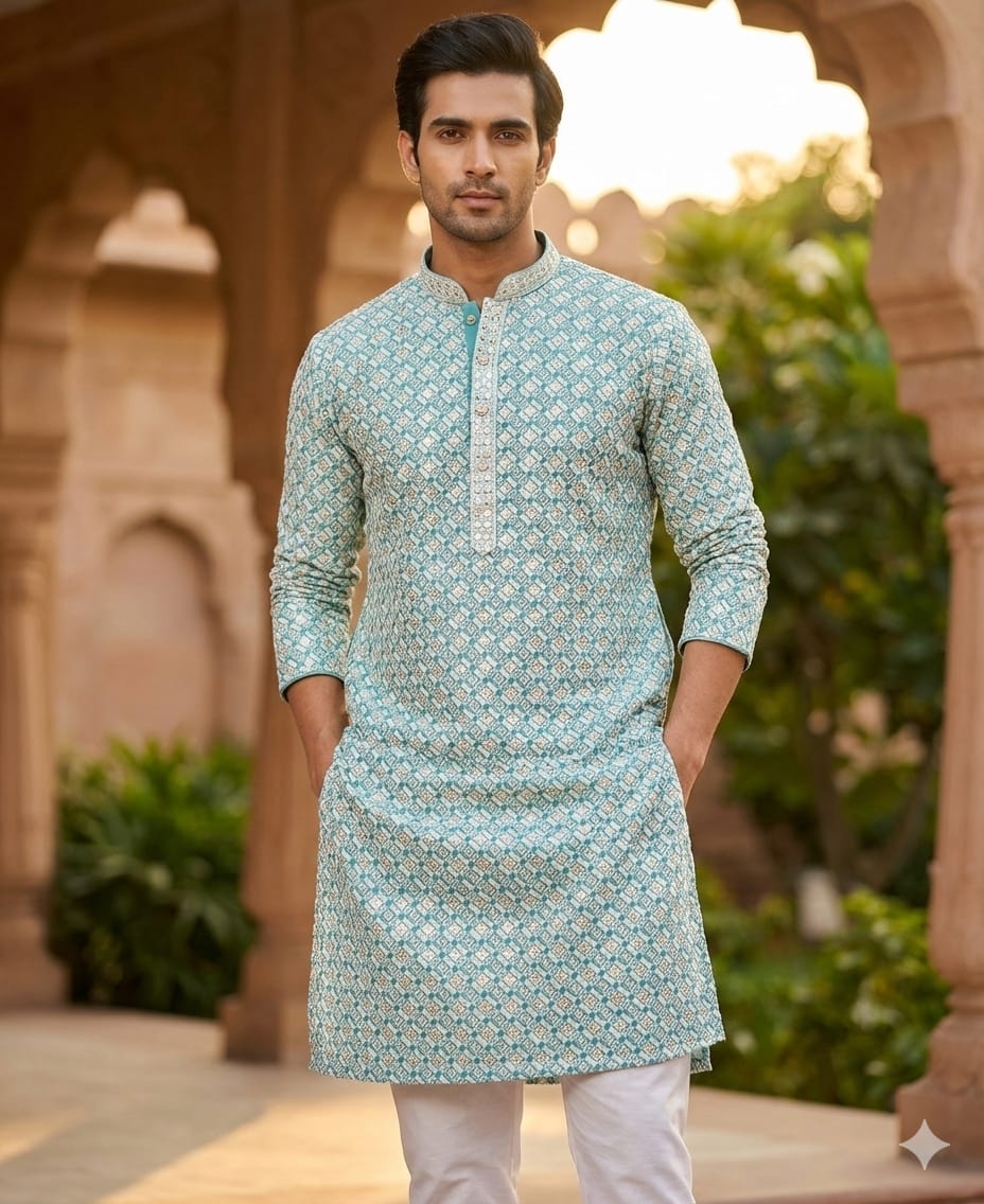 Men’s Chikankari / Sequin Work Kurta Set :Blue
