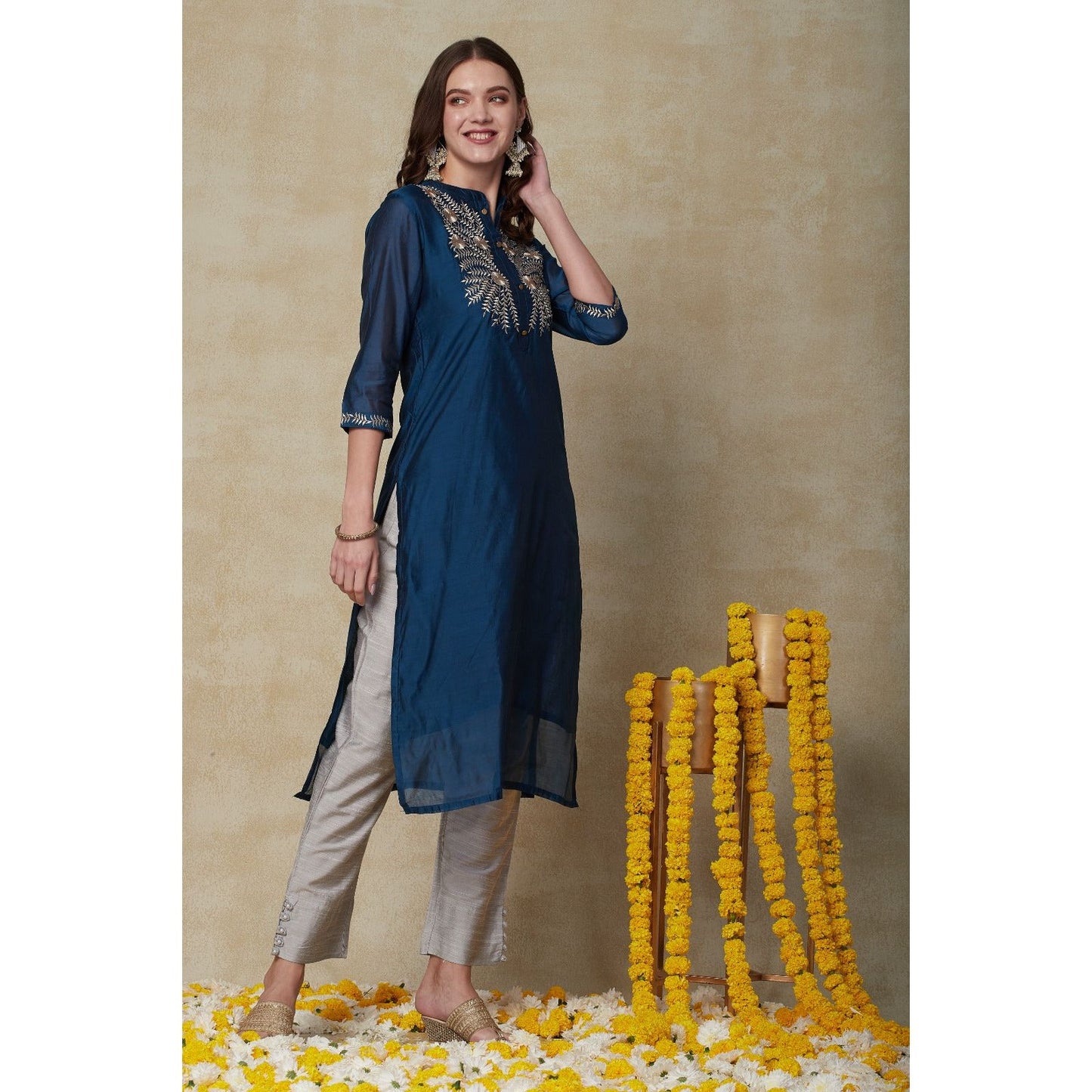 Teal Blue & Grey Festive Wear Kurta Set