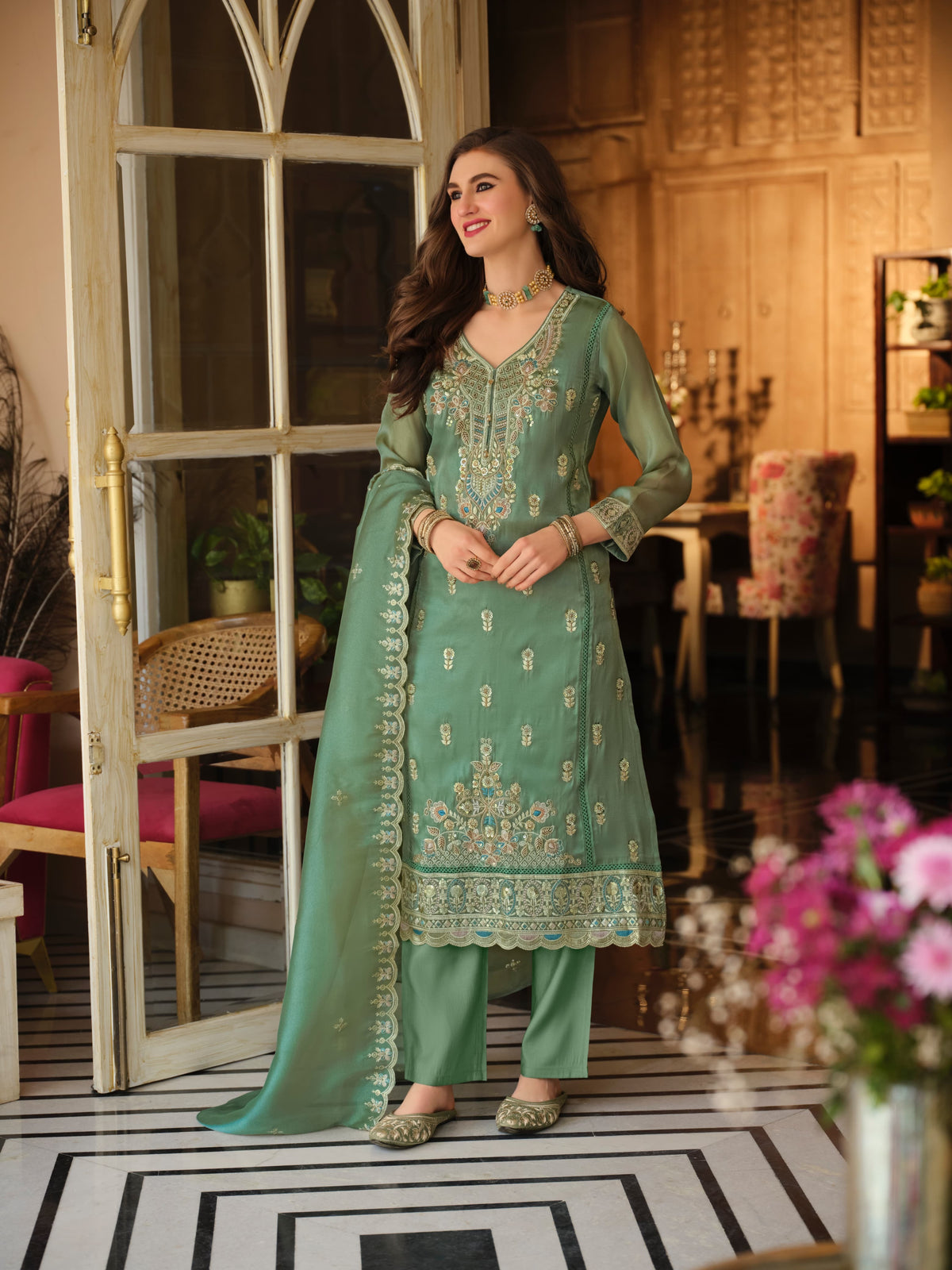 Sage Green Embroidered Shimmer Kurta Set with Dupatta