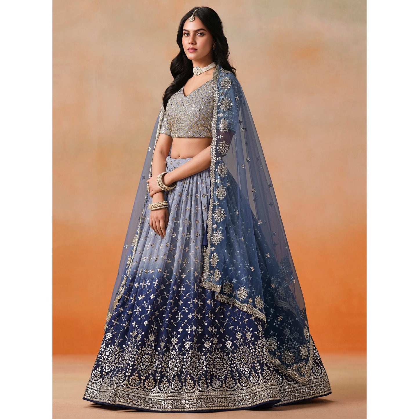 Georgette Lehenga Choli Set with Sequins & Zari Embroidery : Blue (Pre Order)