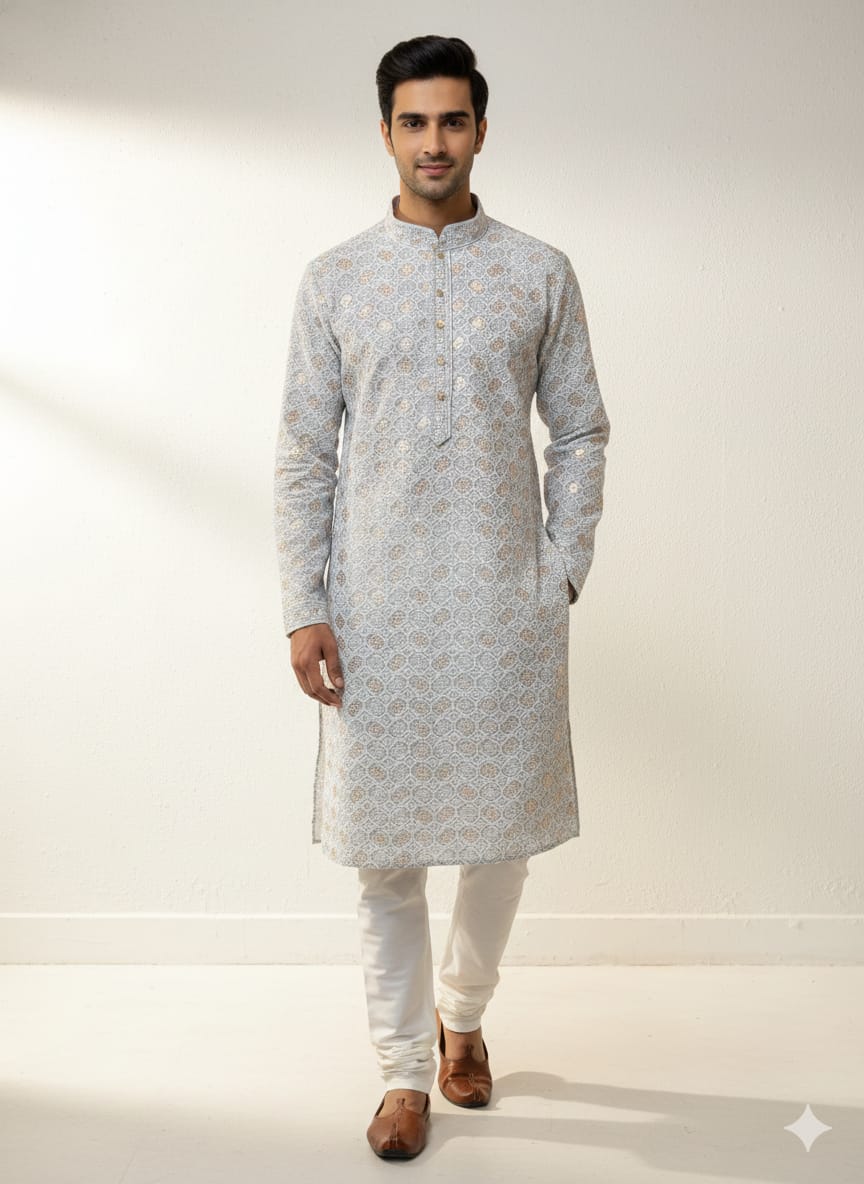 Men’s Chikankari / Sequin Work Kurta Set : Grey