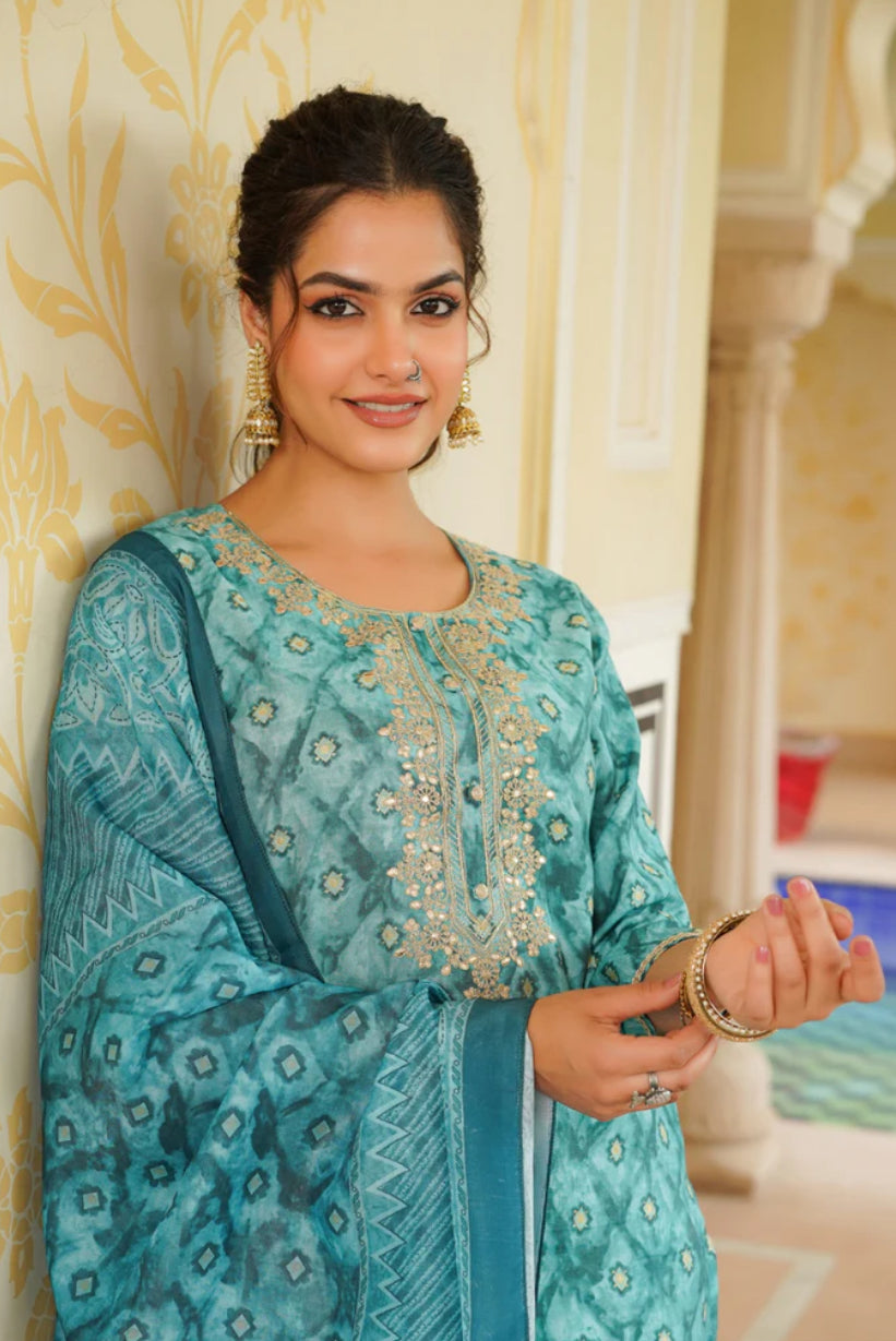 Sea Green Silk Blend Ombre Straight Kurta Trousers With Dupatta 