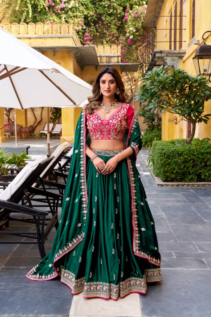 Regal Silk Satin Lehenga : Green and Pink