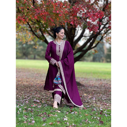 Maroon Silk Blend Suit Set for Diwali/Festive Wear