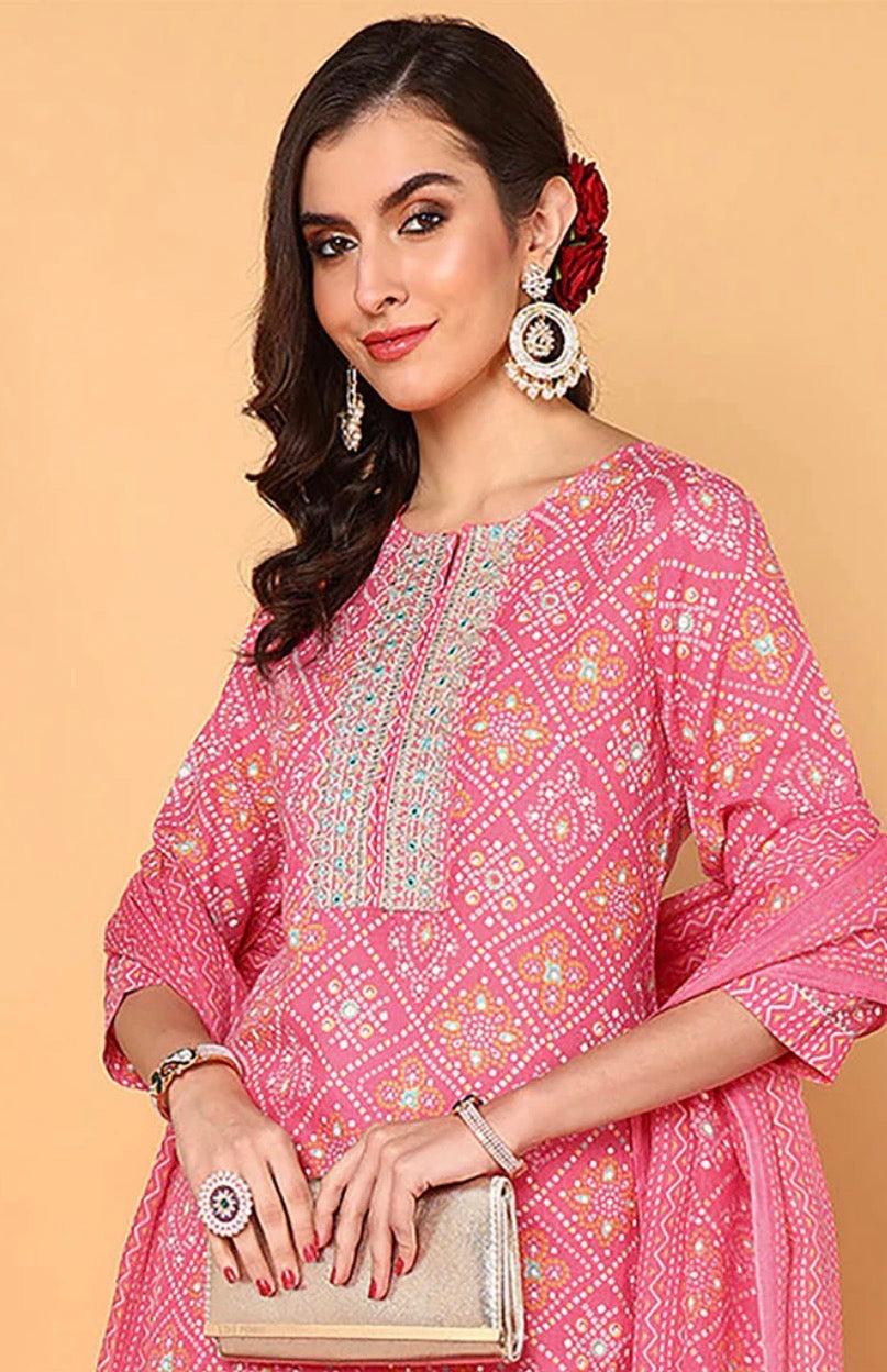 Pink Poly Cotton Bandhani Printed Straight Suit Set