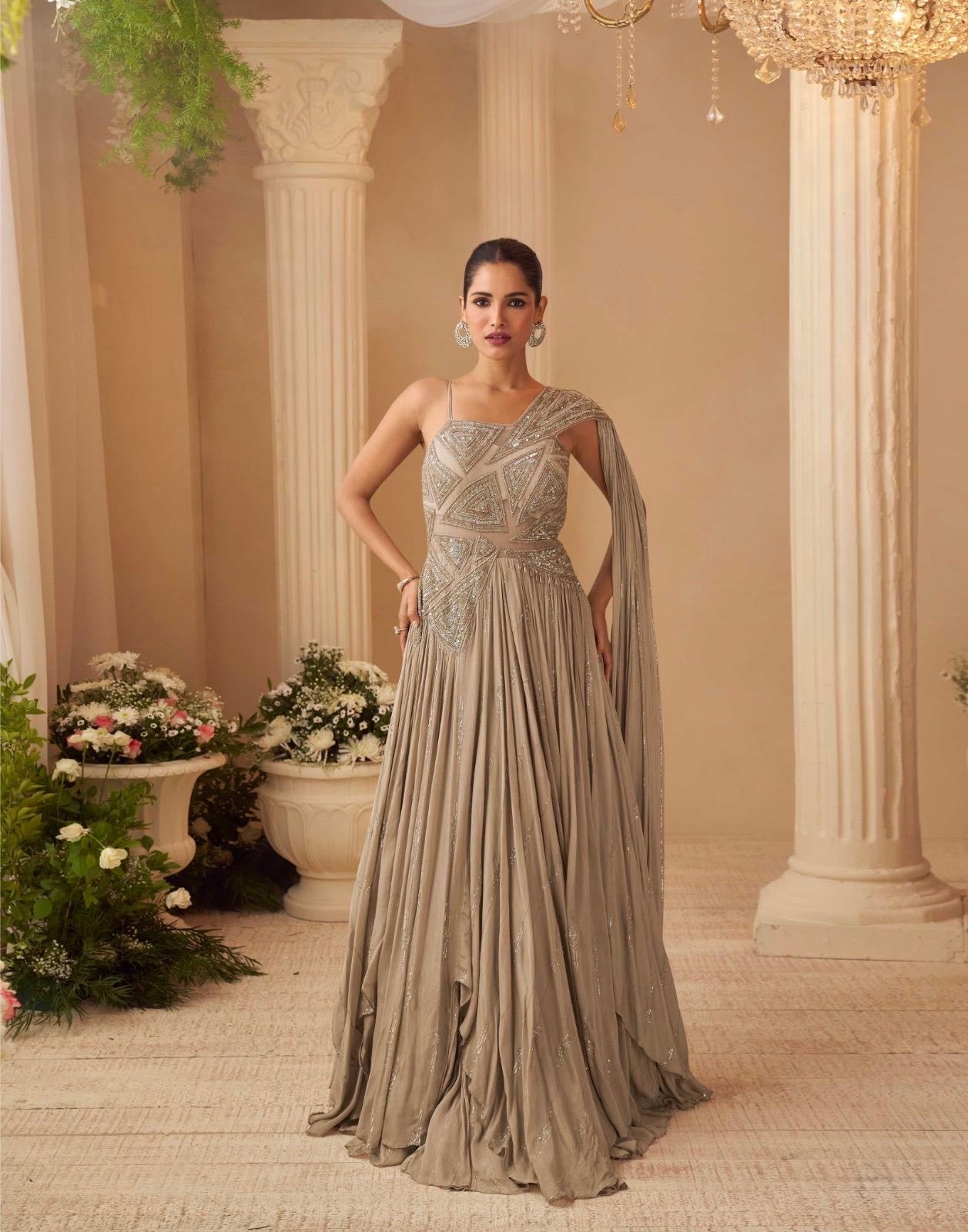 Premium Chinon Silk Embroidered Designer Gown with Can-Can ✨
