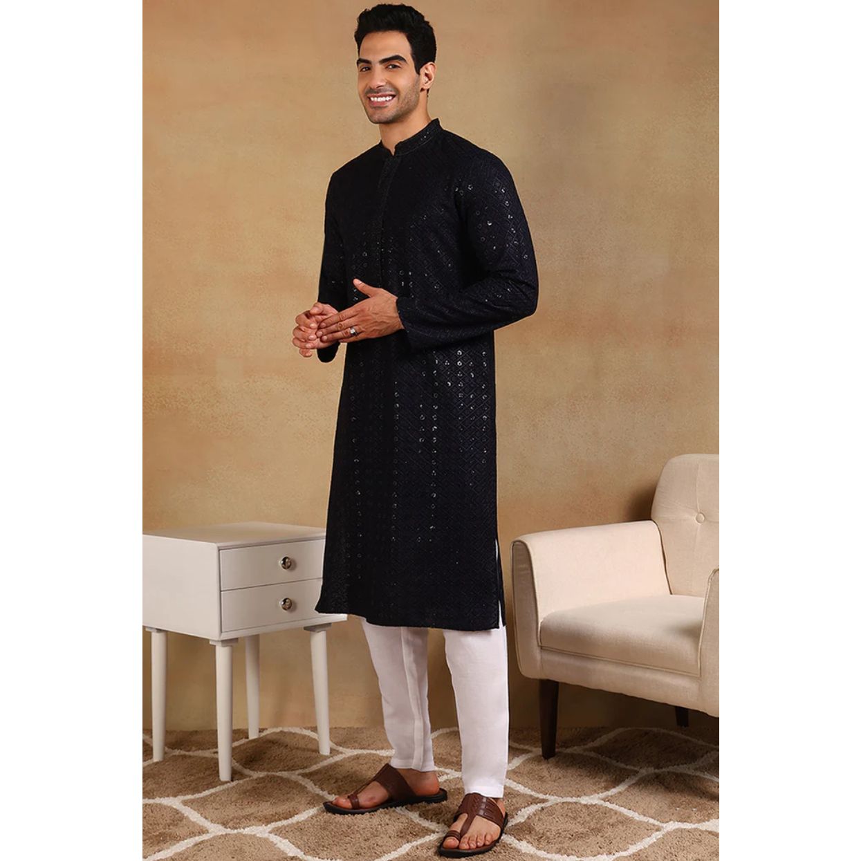 Navy Blue Viscose Rayon Solid Embroidered Straight Kurta For Men