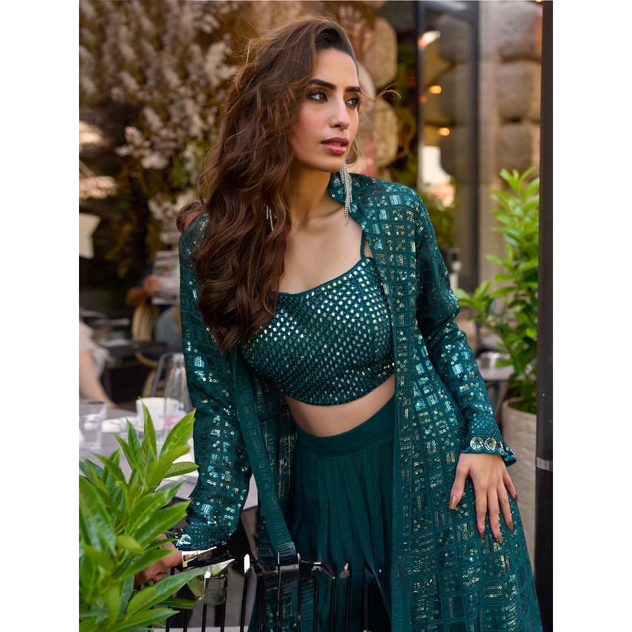 Heavy Georgette Embroidered Shrug Set with Sequin Work: Pre Order