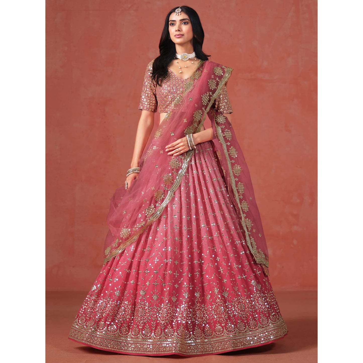 Georgette Lehenga Choli Set with Sequins & Zari Embroidery : Pink (pre order)