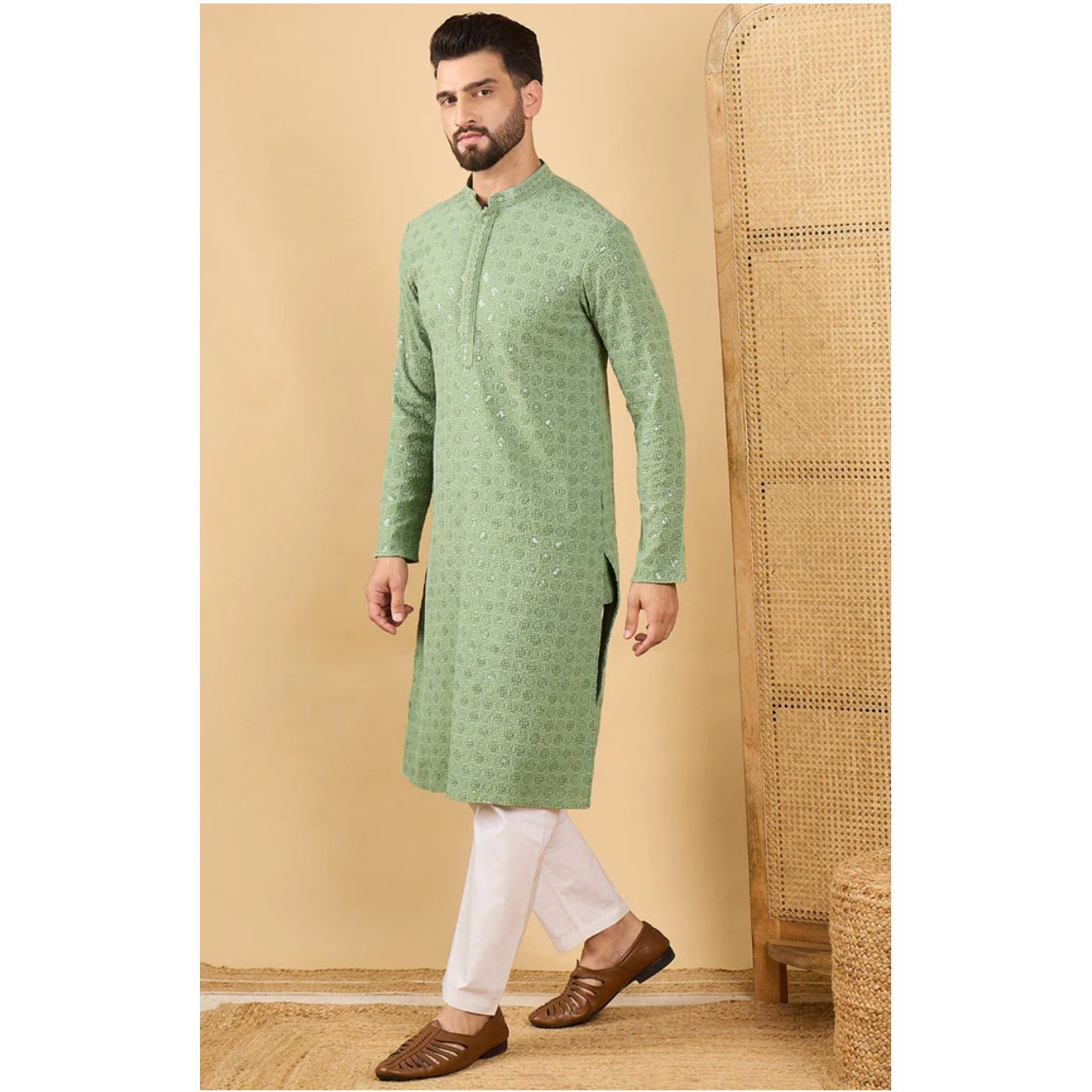 Green Viscose Rayon Solid Embroidered Straight Chikankari Kurta