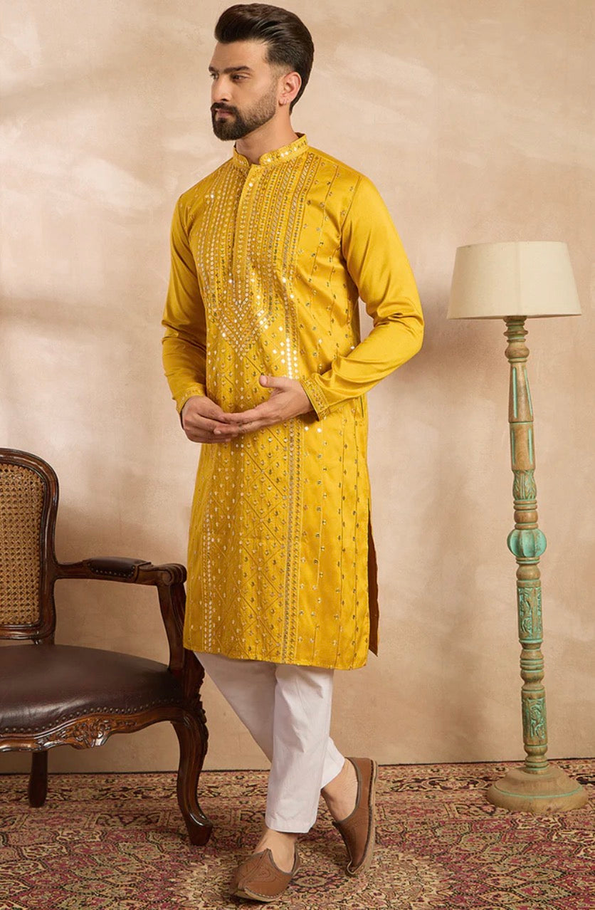 Yellow Silk Blend Geometric Embroidered Straight Kurta