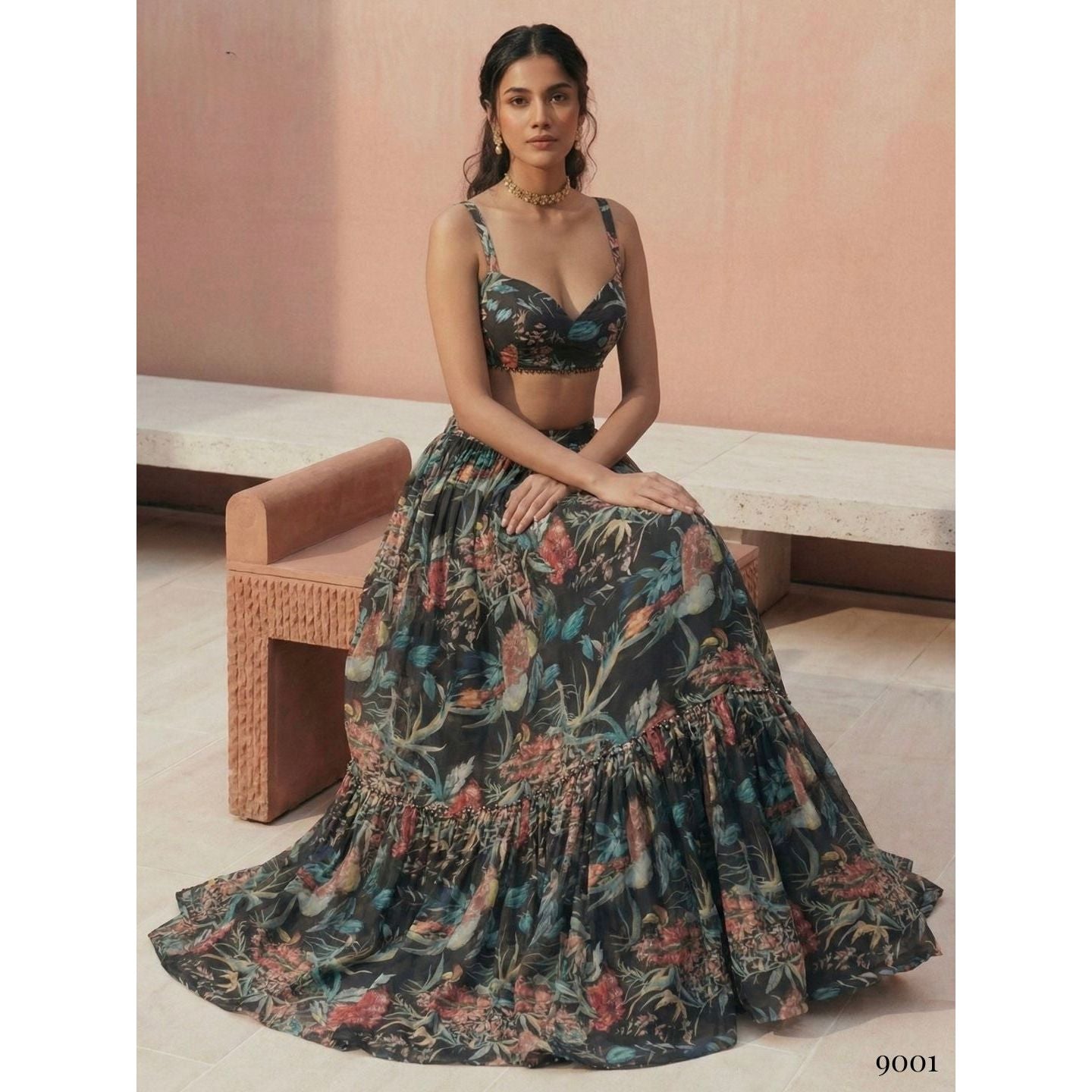 Georgette Printed Readymade Lehenga Set Black (3 Piece)