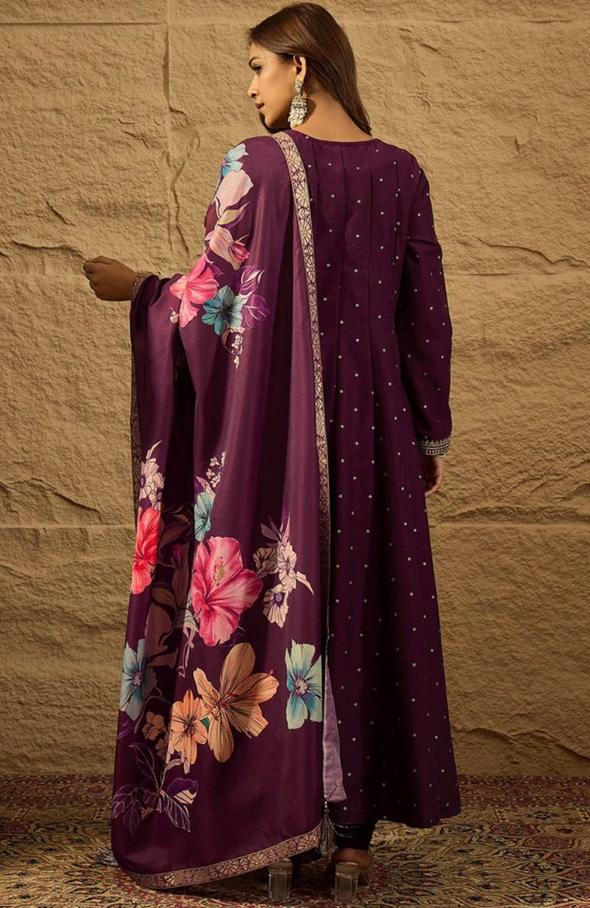 Purple and Gold Embroidered Anarkali Kurta Set