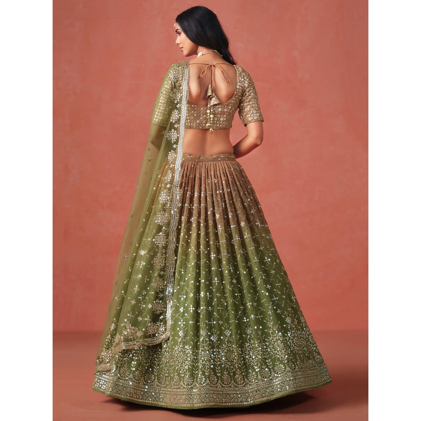 Georgette Lehenga Choli Set with Sequins & Zari Embroidery : Green (Pre Order)