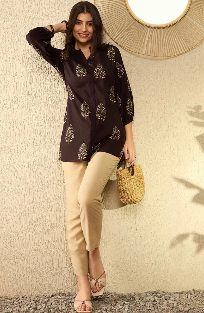Brown Cotton Blend Ethnic Motifs Printed Tunic Top