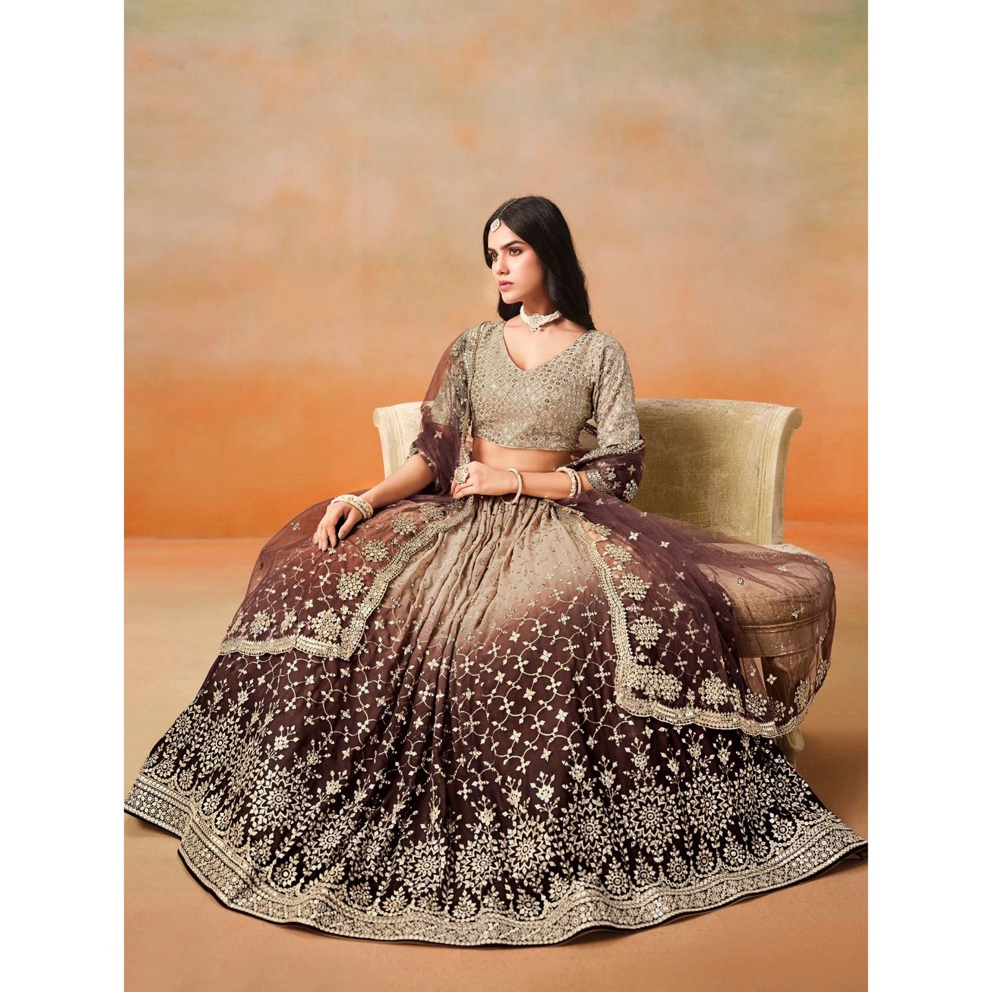 Georgette Sequins Zari Embroidered Lehenga Choli Set (Brown) Pre Order Only