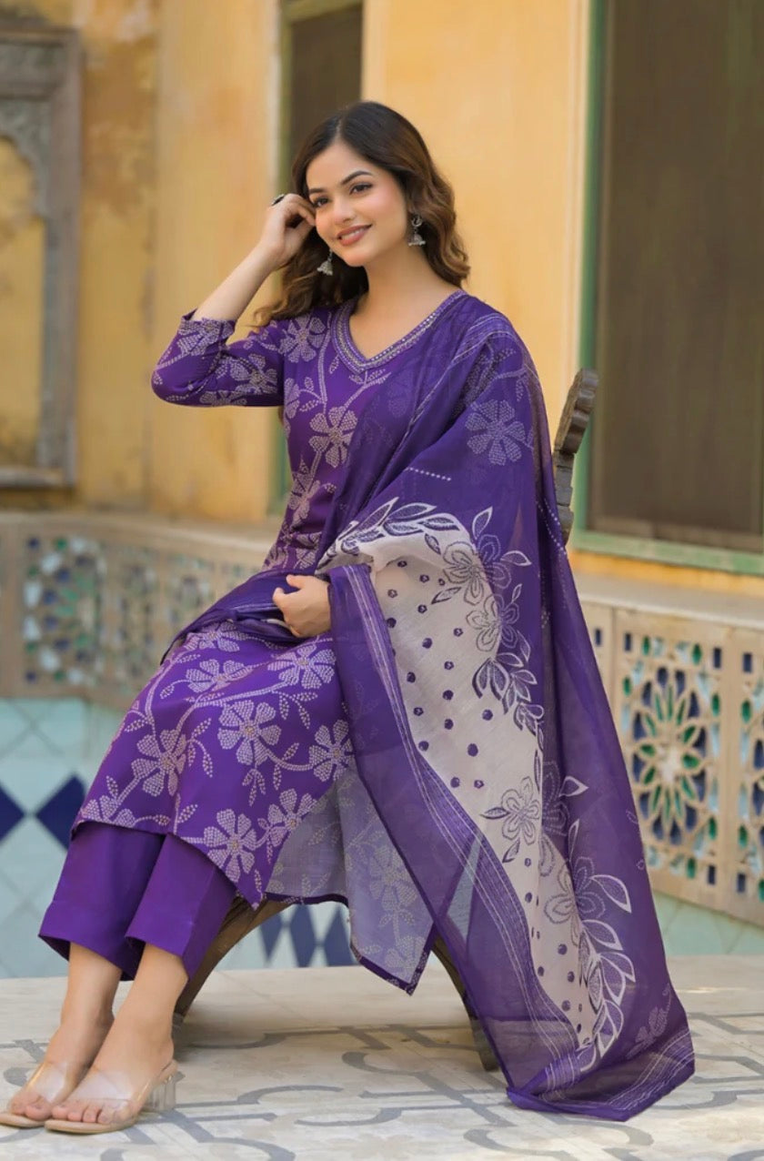 Purple Rayon Blend Bandhani Printed Straight Kurta Trouser With Dupatta