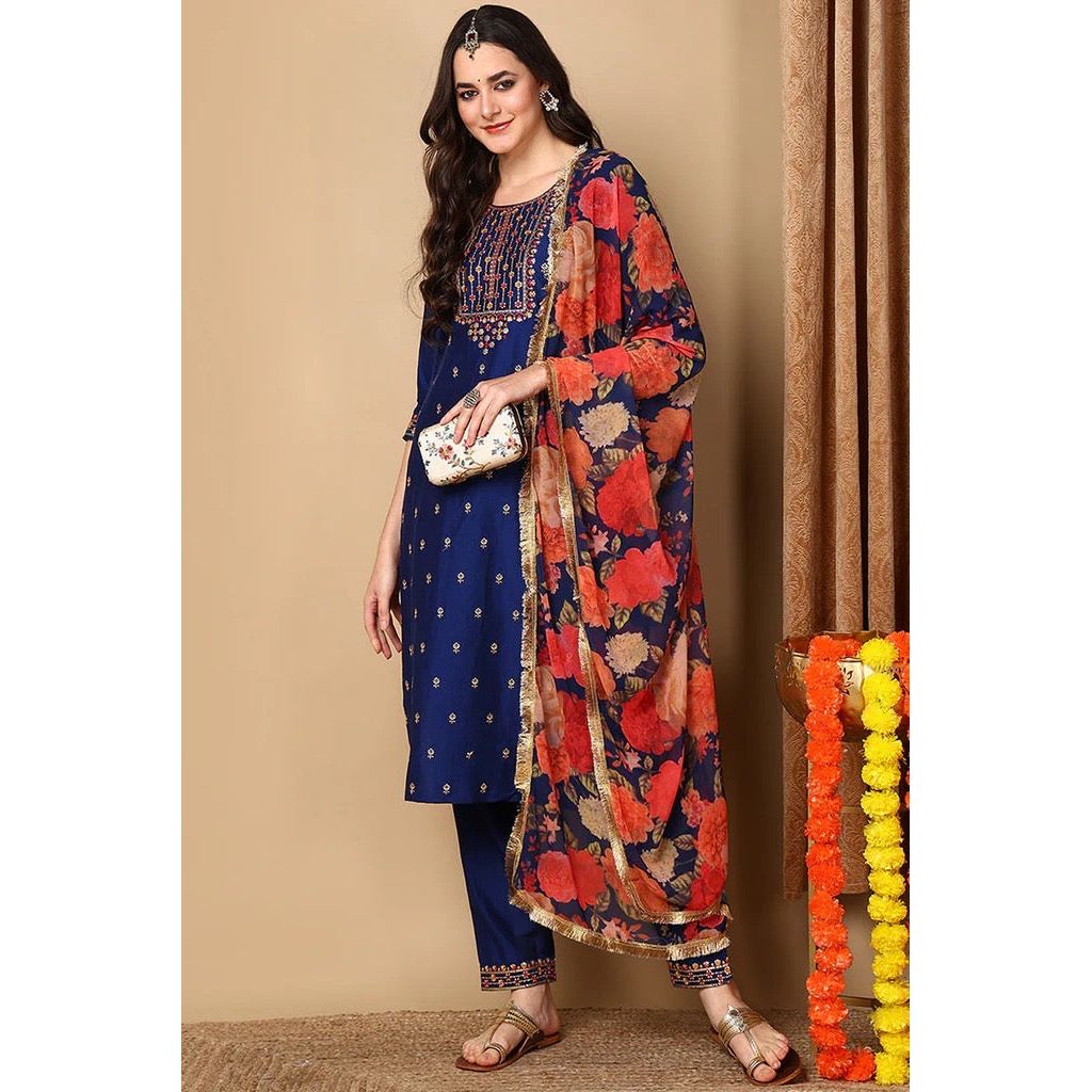 Navy Blue Silk Blend Kurta Set for Diwali/Festive Wear