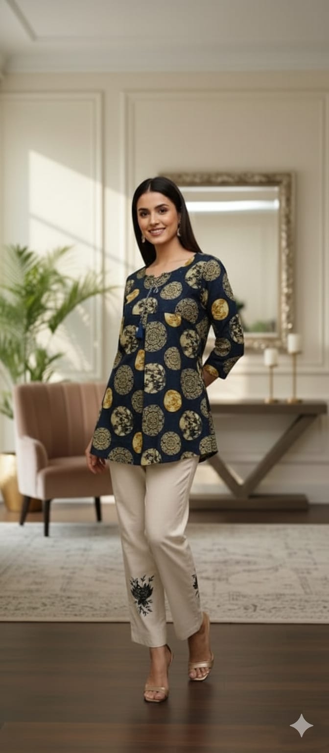 Navy Printed Mal Cotton Kurta with Khadi Cotton Pants (Co-Ord Set)