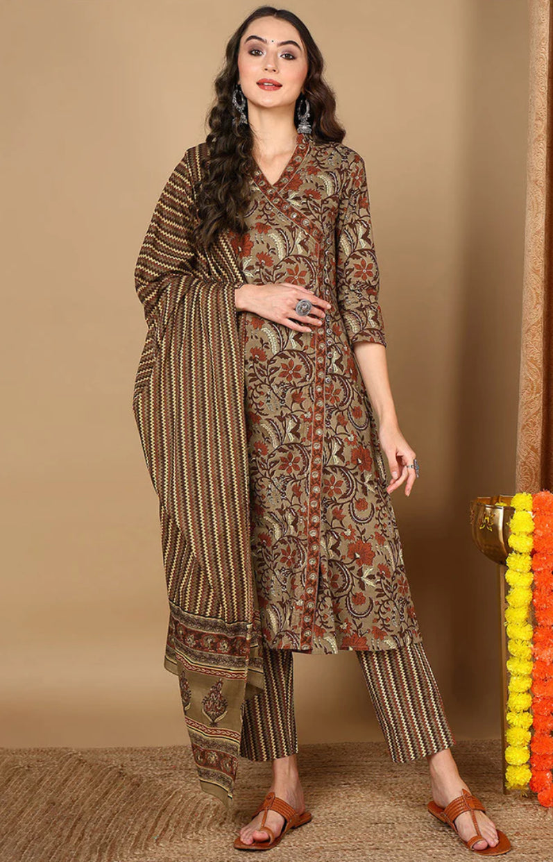 Taupe Pure Cotton Floral Printed Angharkha Suit Set