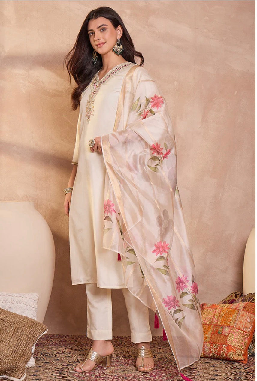 Off White Embroidered Silk Blend Kurta Set with Trousers & Dupatta