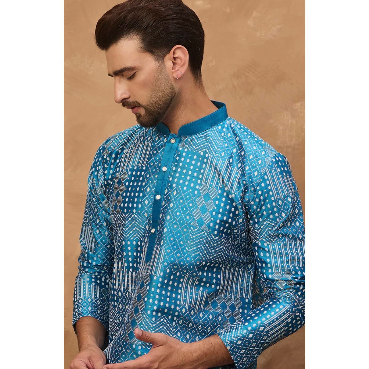 Blue Silk Blend Geometric Printed Straight Kurta – Men’s Ethnic Wear