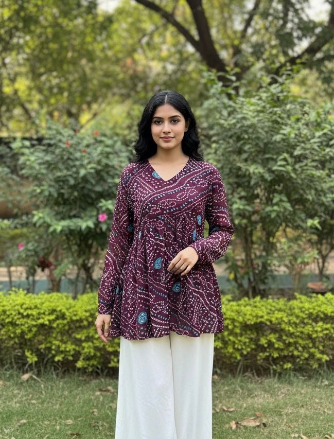 Bandhej Print Georgette Tunic Top – Long Churi Sleeves