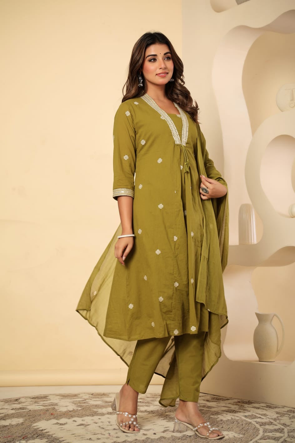 Embroidered Neck A-Line Kurta Set with Dupatta